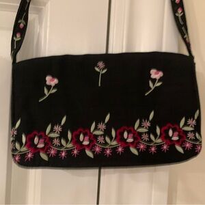 Floral Embroidered Black Shoulder Bag